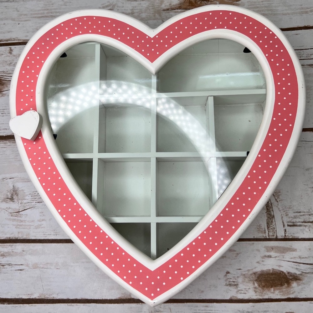 Heart Shadow Box Display Case Pink White Polka Dot Wood 11x12